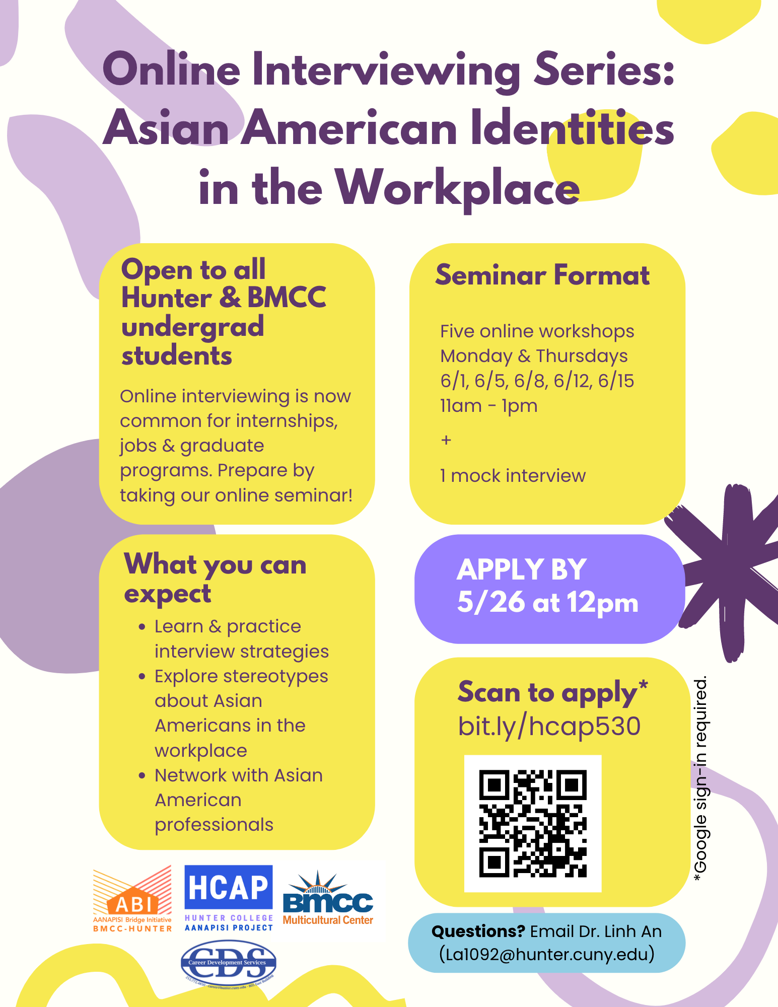 Flyer with purple blobs and yellow rectangles