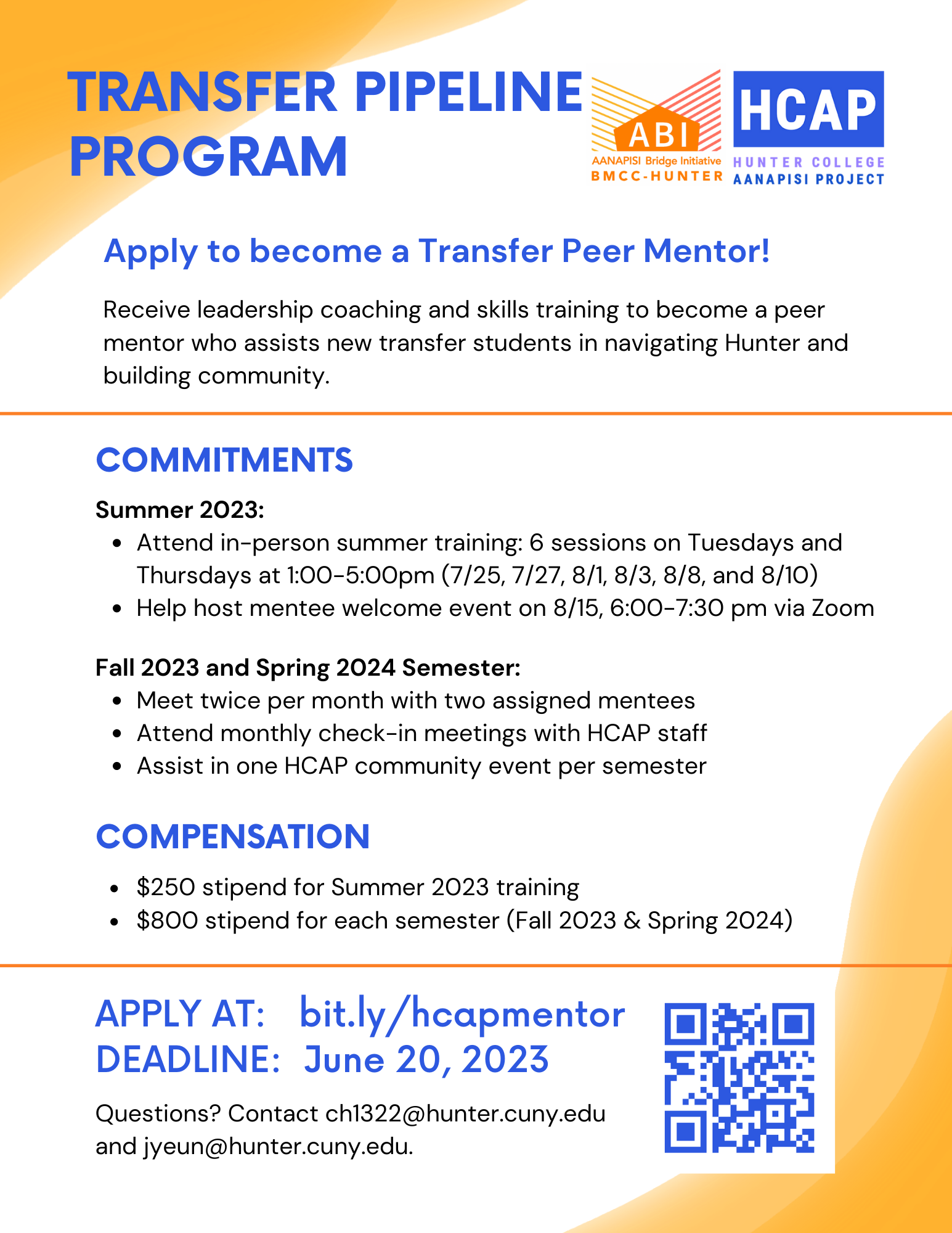 Flyer announcing open applications with orange blobs on the corners